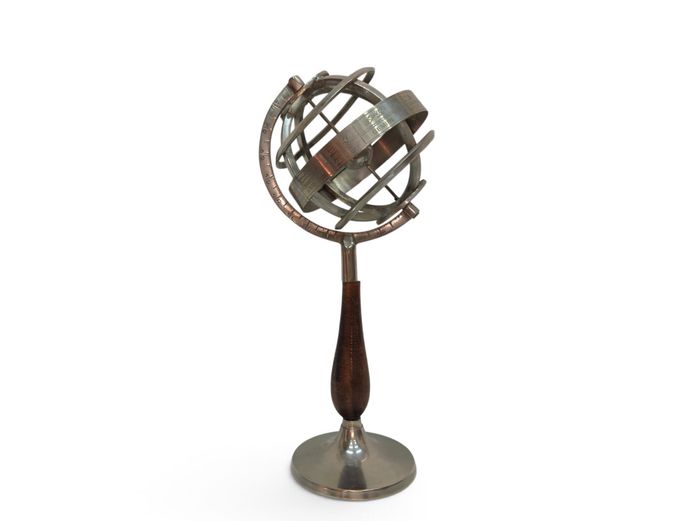 Vintage-Style Metal Armillary Sphere on Turned Wooden Stand