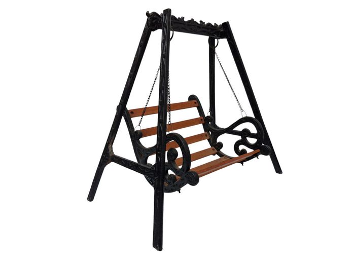 Vintage Cast Iron & Wood Miniature Doll's Garden Swing Bench
