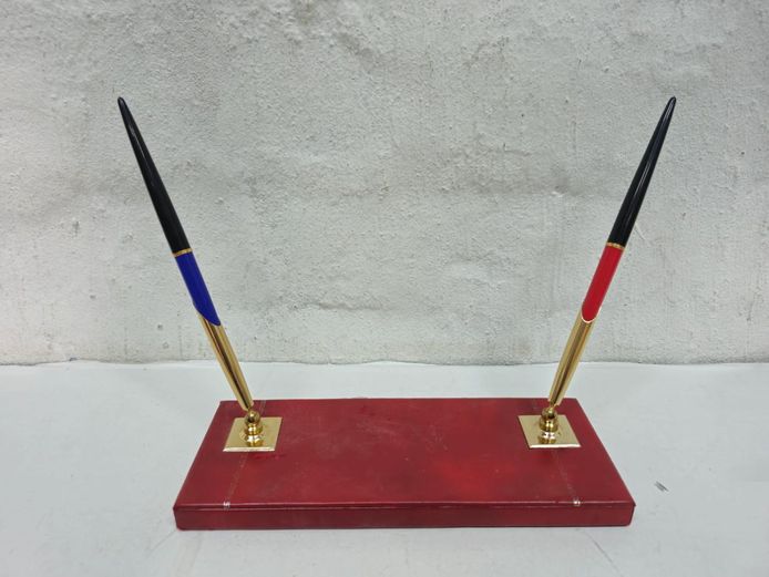 Vintage Dual Pen Desk Set with Red Leather Stand