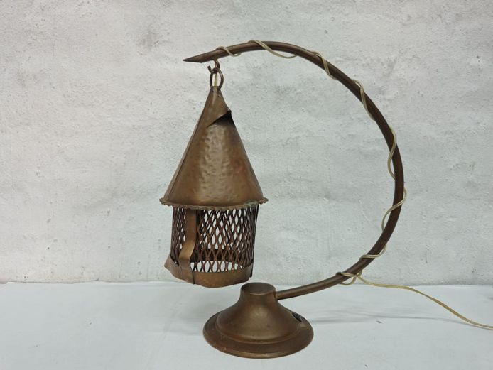 Vintage Hammered Copper & Brass Hanging Cage Desk Lamp