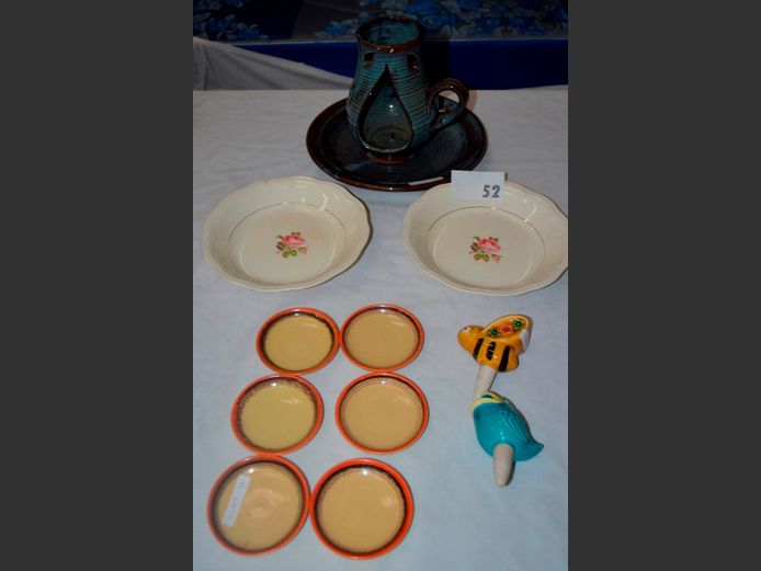 GLAZED POTTERY PLATE WITH CANDLE HOLDER, REGENCY ANCHOR BOWLS, PAIR VINTAGE CERAMIC BIRD & BEE PLANTERS, etc