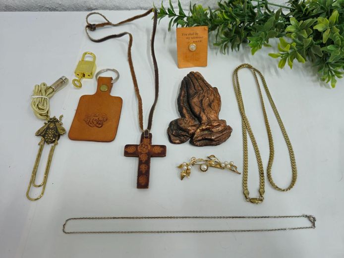 Costume Jewelry Lot - Praying Hands, Leather Cross, Pearl Brooch, Chains