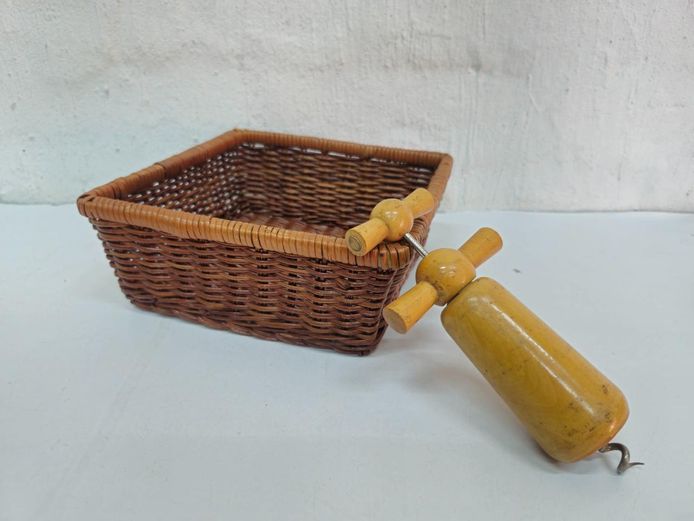 Vintage Woven Wicker Square Basket with Wooden Corkscrew