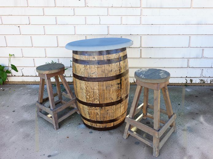Vintage Oak Wine Barrel Pub Table with Concrete Top & Bar Stools