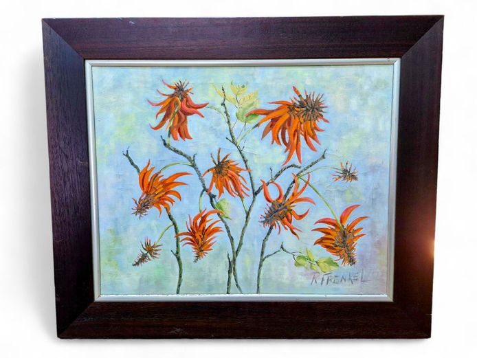 R. Frenkel Large Coral Tree Oil Painting Framed