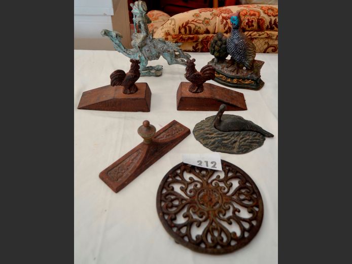 ANTIQUE CAST IRON DOOR STOPS, TRIVET, CAST IRON INK BLOTTER, etc
