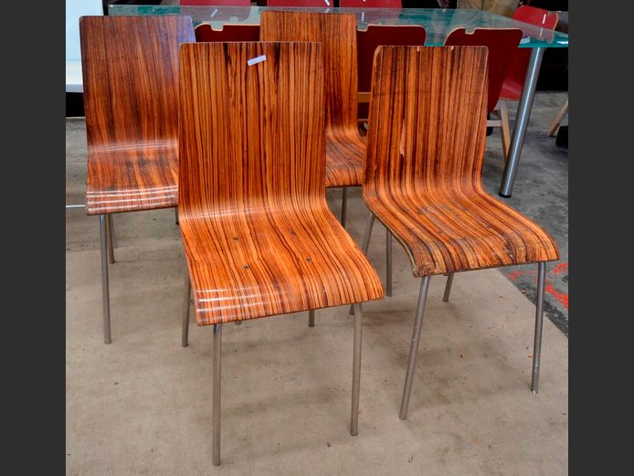 SET OF 4 DARK STAINED & CHROME DINING CHAIRS [Worn, chips in places]