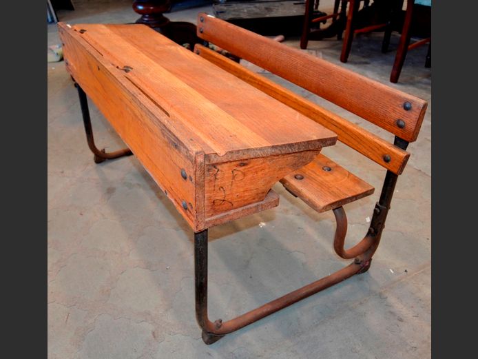 VINTAGE OAK 2-SEATER SCHOOL BENCH, 107 x 60 x 55cm [Rusted]
