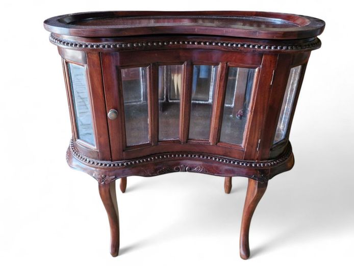 Mahogany Queen Anne Style Kidney Shaped Vitrine Cabinet