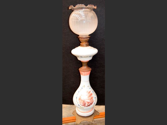 VINTAGE PORCELAIN & BRASS TABLE LAMP WITH GLASS SHADE, 72cm High [Rubbed]