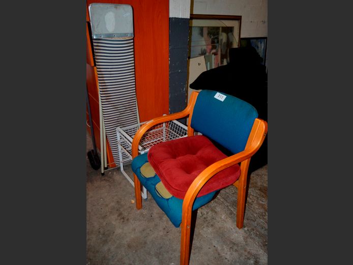 OAK VISITOR'S CHAIR, VEGGIE RACK & AN IRONING BOARD