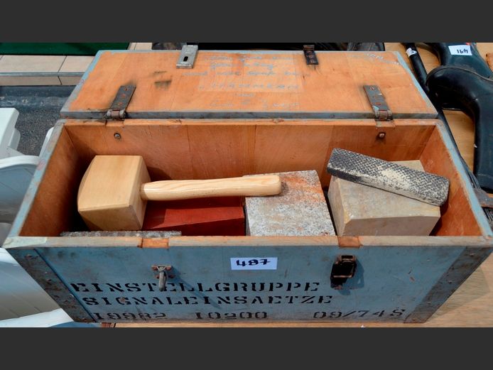 VINTAGE WOODEN CRATE, MARBLE CHOPPING BOARD, etc [71 x 27 x 32cm