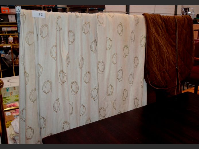LOT: LARGE DROPS BEIGE CURTAINS, LAUNDRY BASKET, etc [Curtains need a clean]