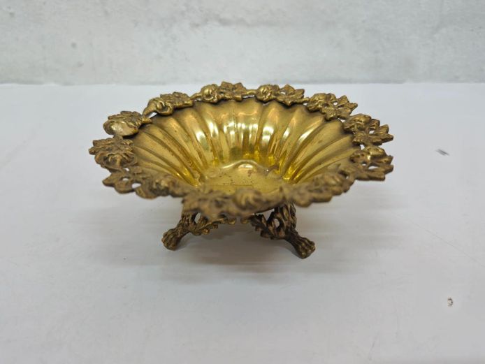 Small Vintage Ornate Brass Pedestal Bowl With Floral Rim