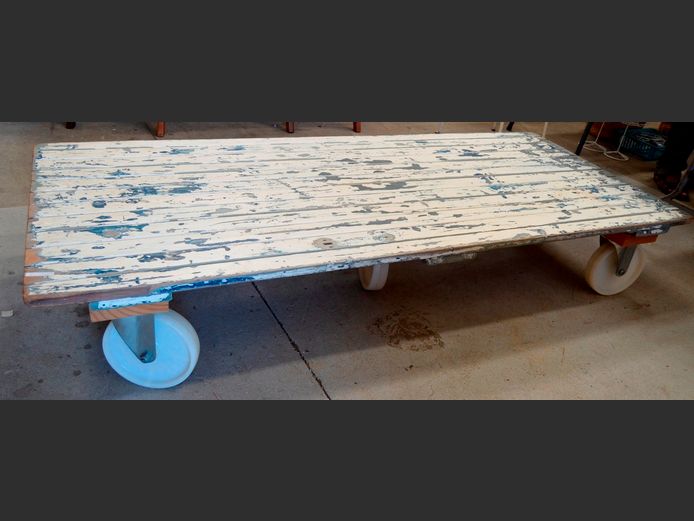 OREGON PINE UNDER PAINT TECHNIQUE COFFEE TABLE ON CASTORS, 178 x 75 x 32cm