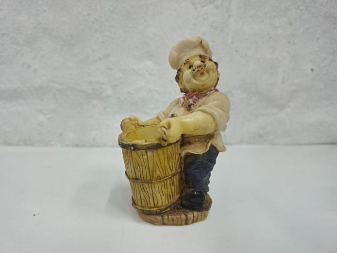 Small Novelty Resin Chef Figurine Toothpick Holder with Wooden Barrel