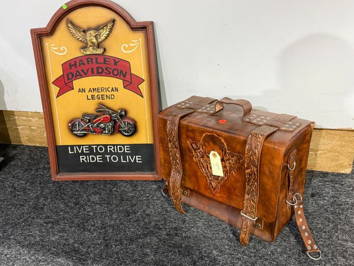 Genuine Leather Bag With Skull imprint with Harley Davidson Memorabilia 