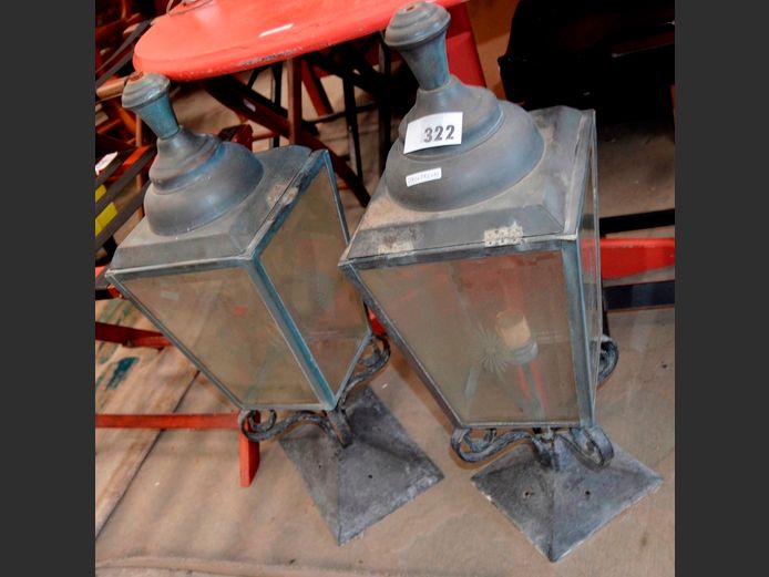 PAIR METAL & BEVELLED GLASS OVERSIZED COACH LIGHTS, 27.5 x 27.5 x 81cm