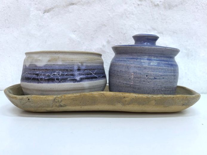 Handcrafted Studio Pottery Ceramic Bowl, Lidded Jar & Tray Set