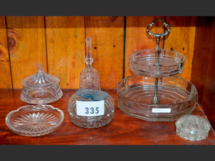 GLASS & METAL TAZZA STAND, CUT GLASS DINNER BELL, BOWLS, etc
