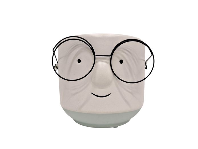 Whimsical Ceramic "Scholarly Face" Planter Pot with Wire Spectacles