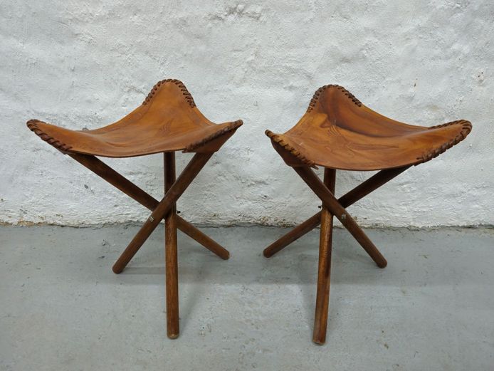 Pair of Vintage Leather Safari Stools with Embossed Eagle Motif