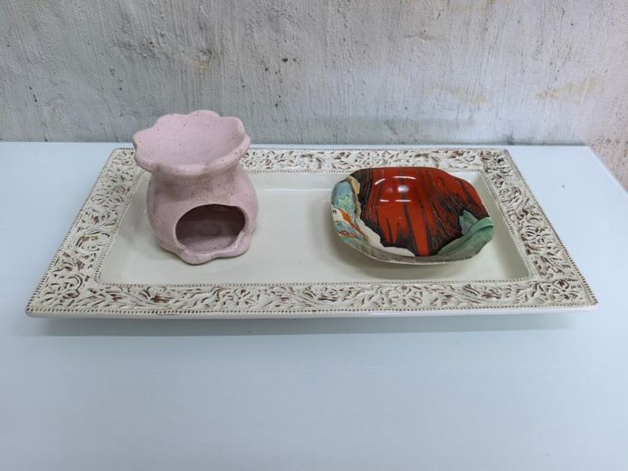 Antique Hand-Painted Bowl with Large Ceramic Platter & Oil Burner