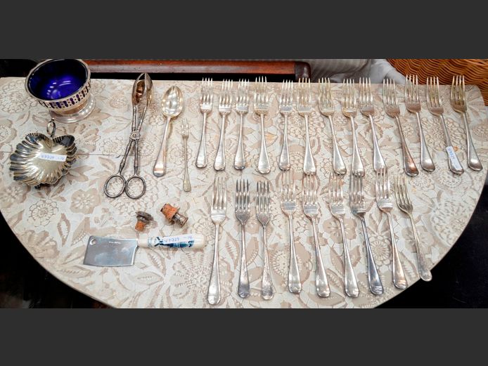 SILVER PLATE: FORKS, SALAD TONGS, SUGAR BOWL, etc