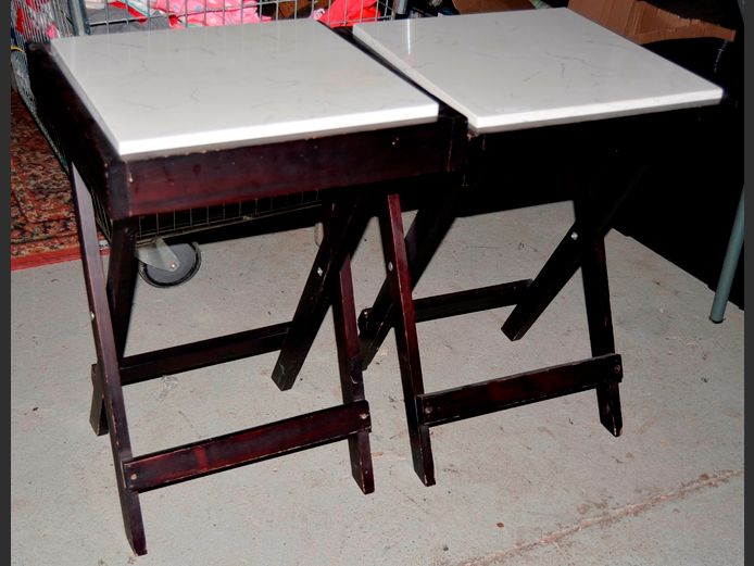 PAIR DARK STAINED BUTLER'S TRAYS WITH WHITE FAUX MARBLE TOPS