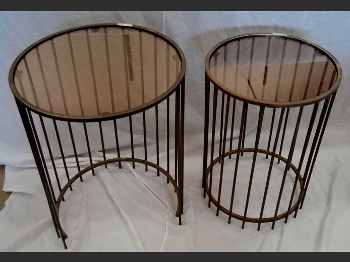 SET OF 2 STEEL CIRCULAR SIDE TABLES WITH GLASS TOPS, 45cm Diameter x 61cm High & 39cm Diameter x 54cm High