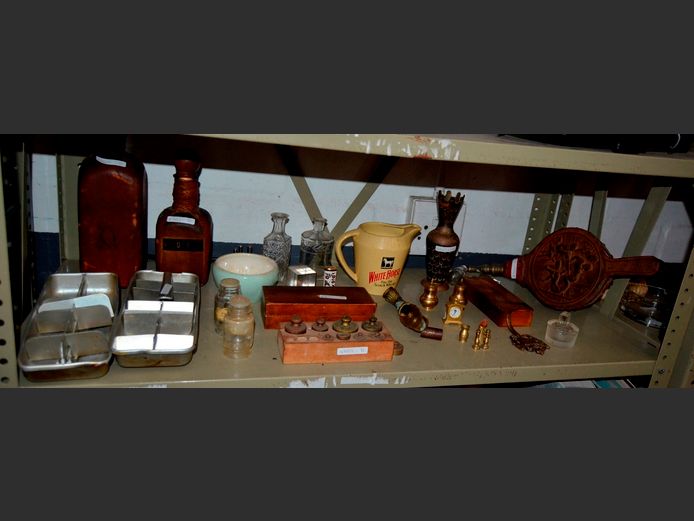 VINTAGE BELLOWS, LEATHER BOUND DECANTERS, BRASS WEIGHTS [Incomplete], etc