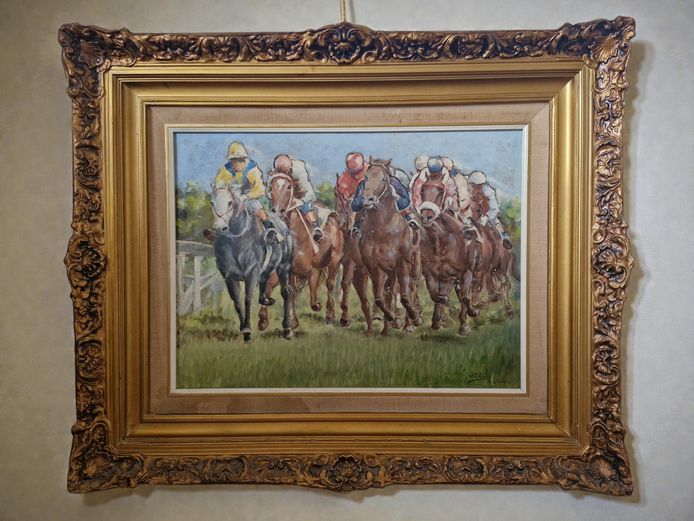 Ornate "Molded" Gilded Framed Turfontein Horse Racing Painting Signed