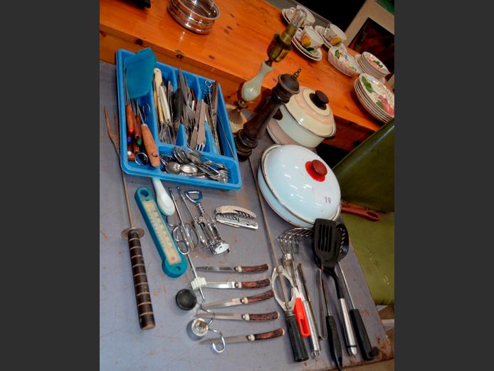 ENAMEL FRYING PAN, POT, CUTLERY, etc