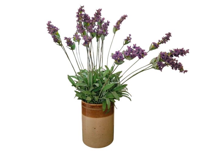 Vintage Stoneware Vase with Lavender Artificial Stems