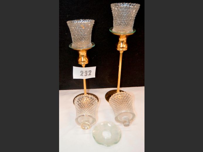 SET OF 2 BRASS & GLASS TEALIGHT CANDLESTICKS, 27cm High & 24cm High
