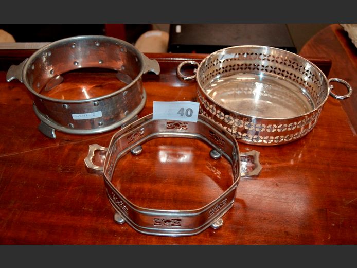 PEWTER CASSEROLE SLEEVE, SILVER PLATE PIERCED BOWL, etc