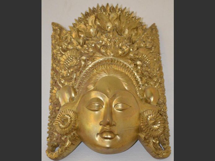 HEAVILY CARVED & GOLD PAINTED INDIAN MASK, 29 x 21cm