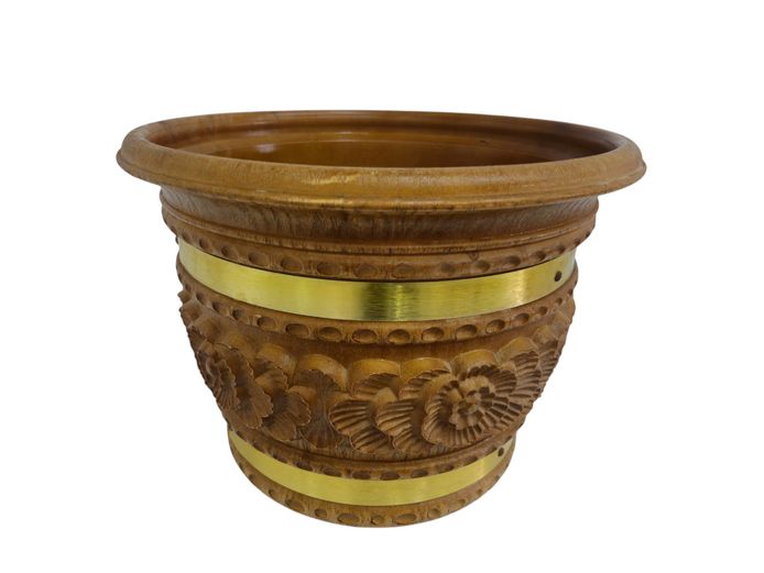 Decorative Faux Wood Planter with Metallic Bands