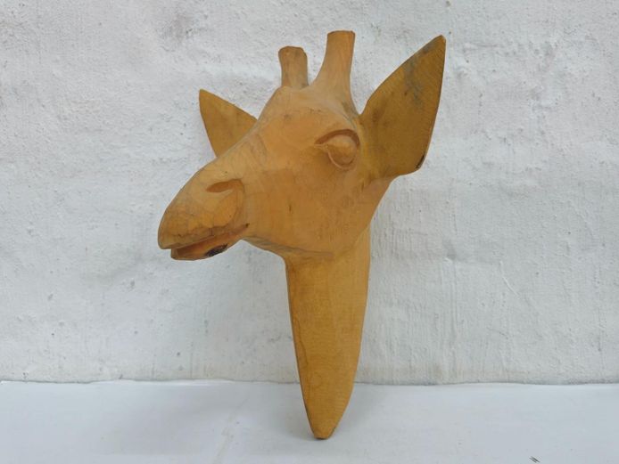 Hand-Carved Wooden Giraffe Head Wall Hanging Mount