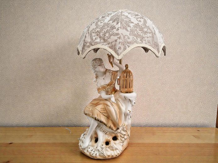Large Vintage Capodimonte Style Lamp with Fabric Shade