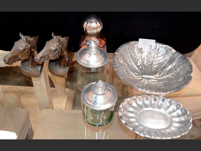 ALUMINIUM BOWL, SNACK PLATTER, PAIR HORSE BUST BOOKENDS, etc