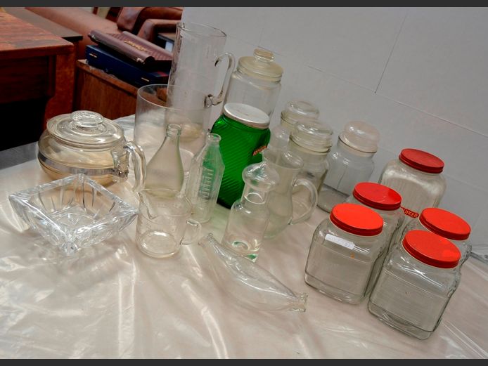GLASS STORAGE JARS, JUGS, GLASS TEAPOT, etc