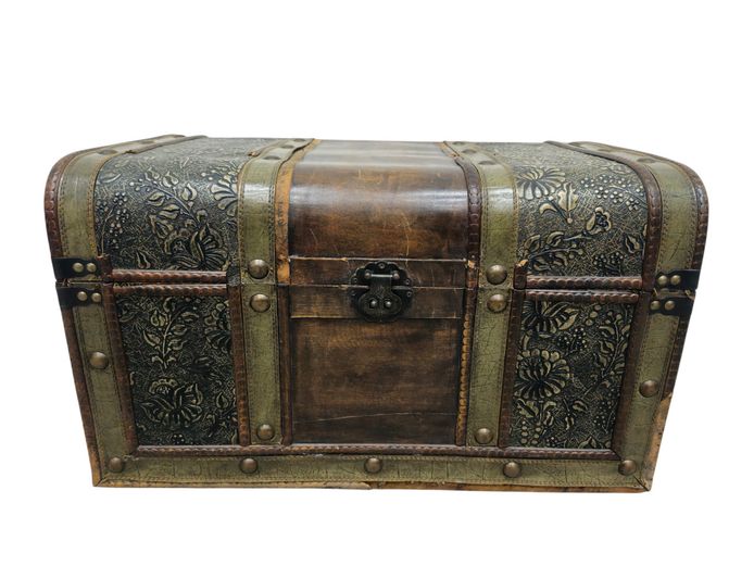 Vintage-Style Storage Chest with Embossed Floral Detail & Metal Hardware