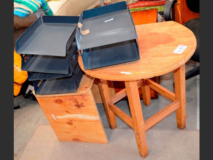PINE DRAPE TABLE, STOOL & METAL LETTER SORTERS