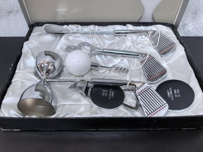 Vintage Golf-Themed Barware Tool Set in Original Presentation Box