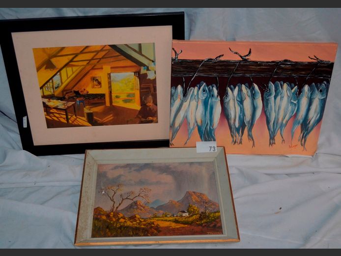 FRAMED OIL ON BOARD "COTTAGE", UNFRAMED OIL ON CANVAS "FISH", etc