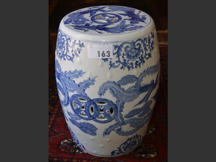 CHINESE BLUE & WHITE CERAMIC STOOL, 30cm Diameter x 47cm High