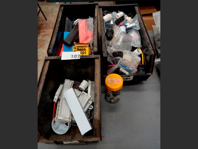 LOT: FINIALS, HEAT SHRINK, CLAMPS, etc IN LIN BINS