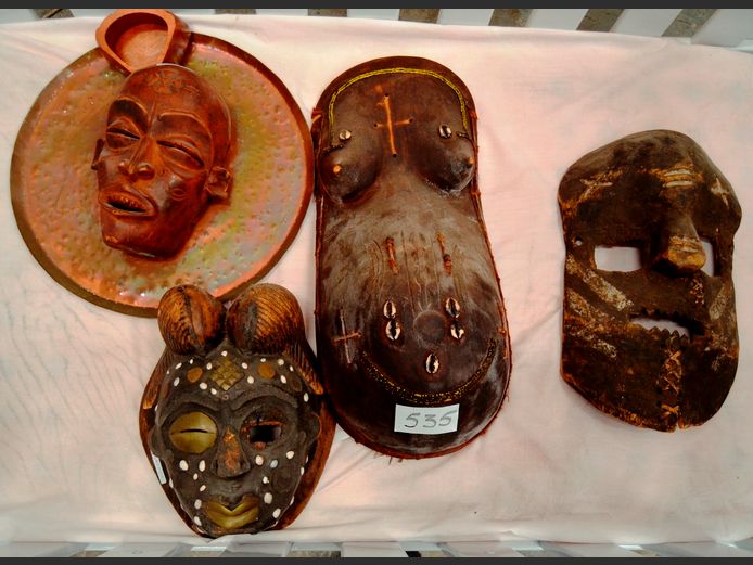 WOODEN FERTILITY BODY MASK, CARVED AFRICAN MASK ON COPPER PLATE, etc