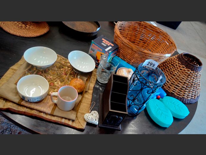 GLASS VASE, JAPANESE BOWLS, TABLECLOTH, WICKER BASKET, etc